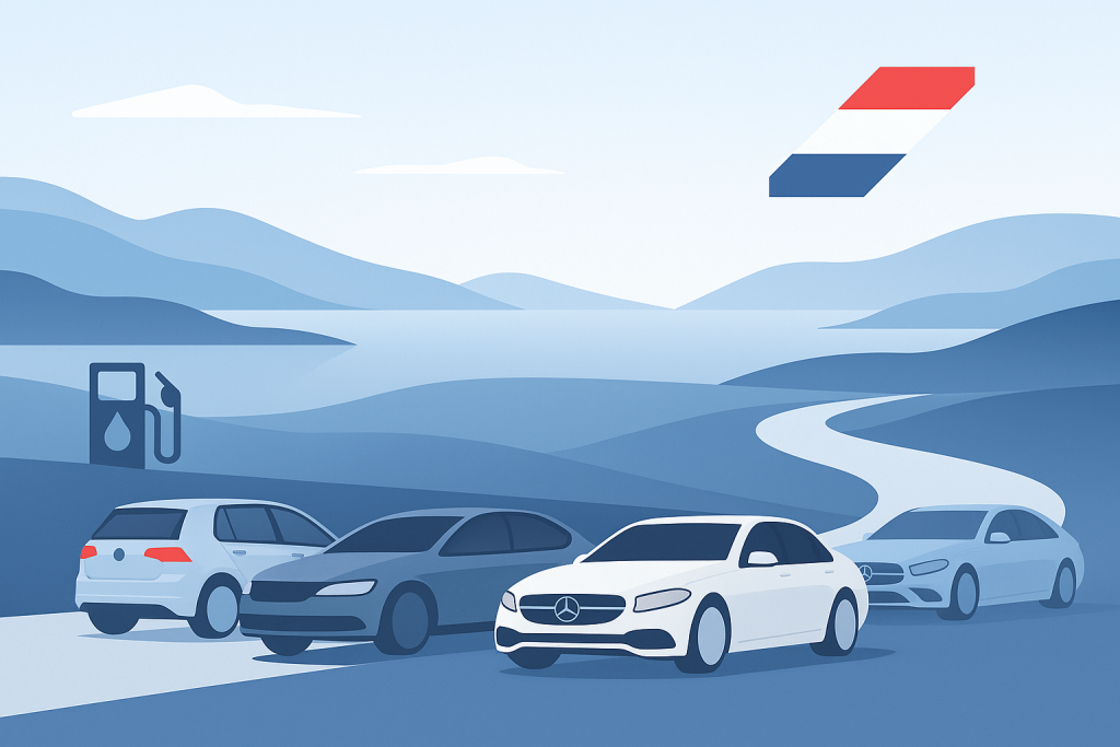 Minimalist illustration of a Croatian countryside road with rolling blue hills and a coastal backdrop. Four stylized diesel cars—a VW Golf, Škoda Octavia, BMW, and Mercedes—are parked in the foreground. A fuel pump icon appears to the left, and a geometric Croatian flag accent floats above the landscape. The scene uses soft gradients, clean lines, and a flat design style.