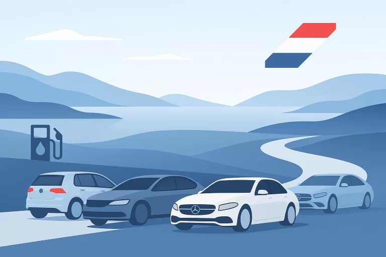 Minimalist illustration of a Croatian countryside road with rolling blue hills and a coastal backdrop. Four stylized diesel cars—a VW Golf, Škoda Octavia, BMW, and Mercedes—are parked in the foreground. A fuel pump icon appears to the left, and a geometric Croatian flag accent floats above the landscape. The scene uses soft gradients, clean lines, and a flat design style.